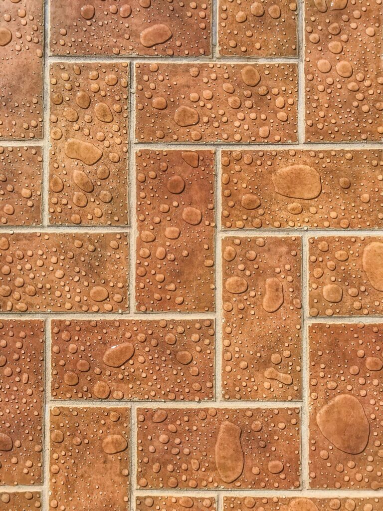 Close-up of wet brick tiles with water droplets, showcasing a textured pattern ideal for backgrounds.